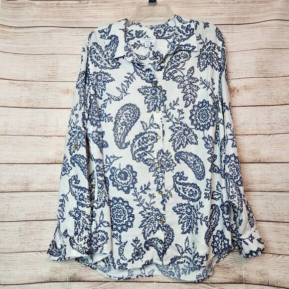 Charter Club Woman Weekend 100% Linen Blue White Floral Long Sleeve Button 2X - Picture 1 of 16